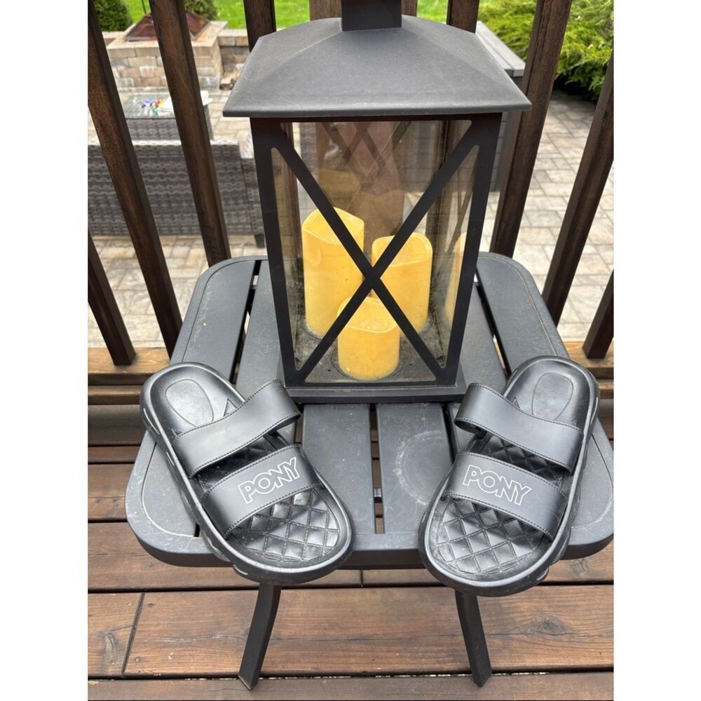 Pony Black Quilted Strap Slide Sandals